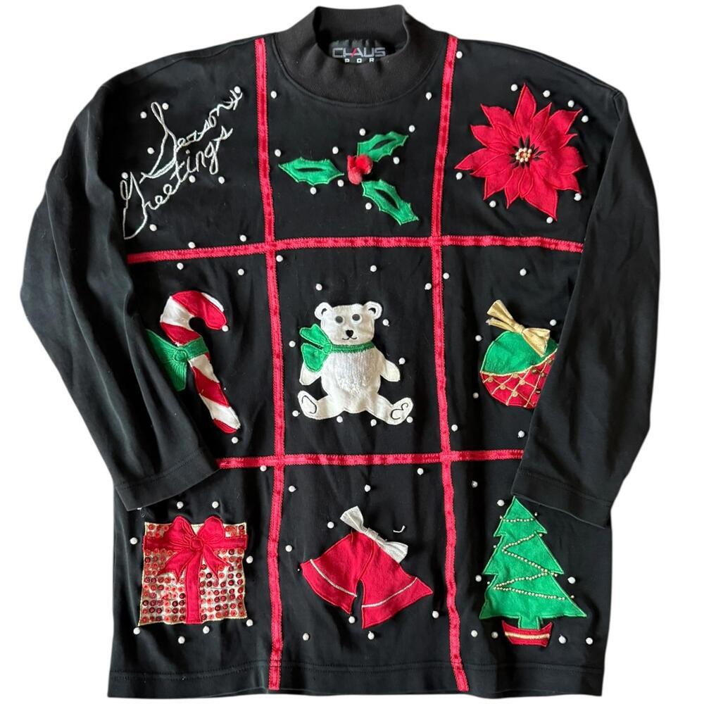 Chaus Sport Black Holiday Patchwork Sweatshirt – Size M